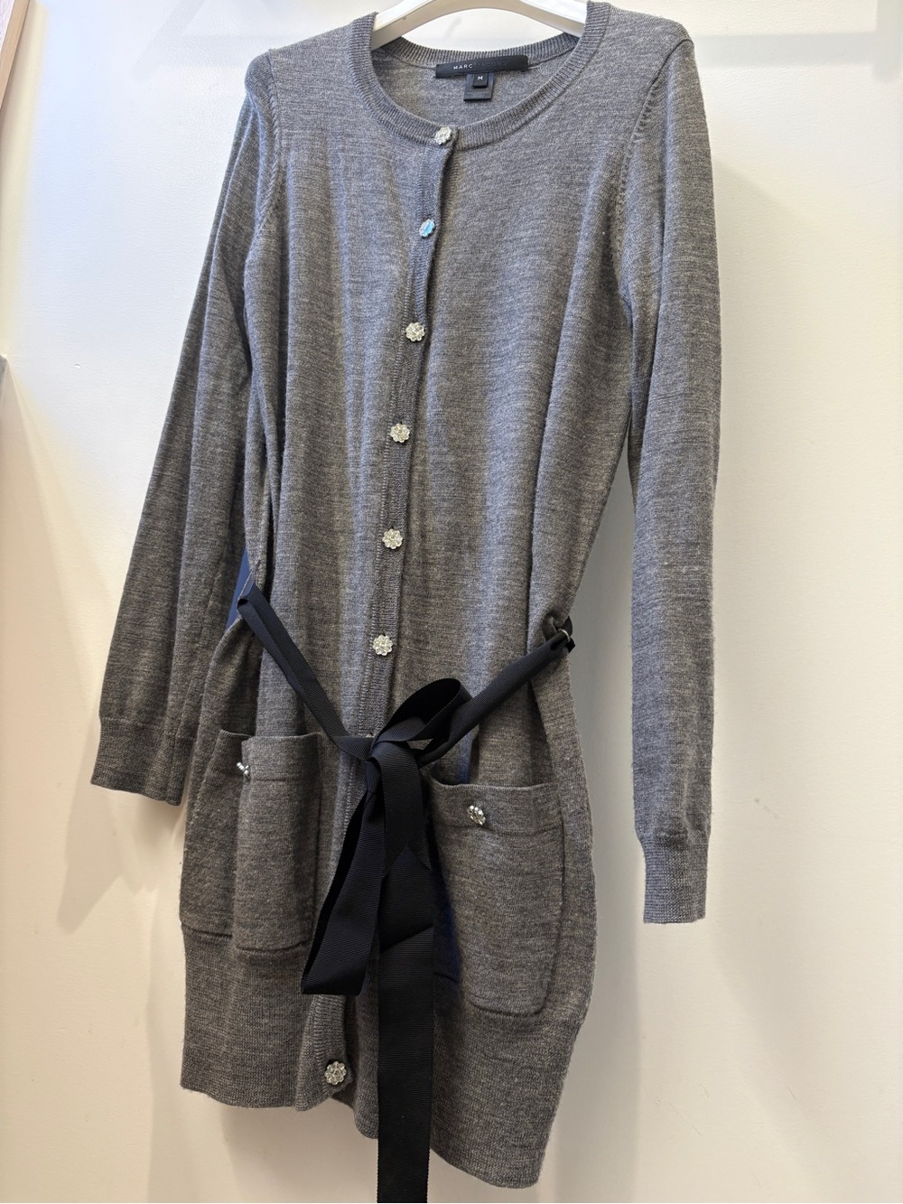 Marc Jacobs Gray Long Wrap around Knit Cardigan with Rhinestone Sz M